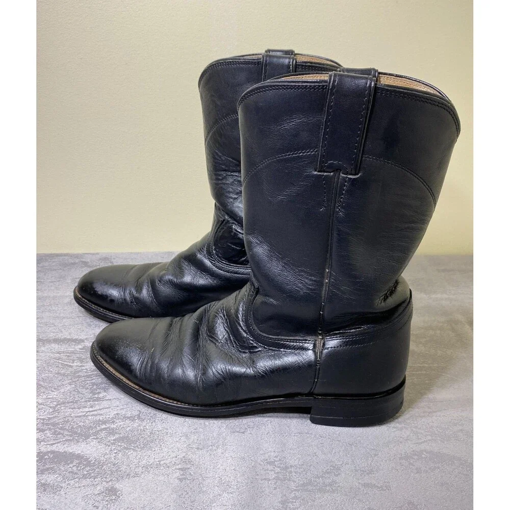 Vintage Justin 3133 Boots Mens Size 8D Black Leather Western Roper Cowboy Ranch